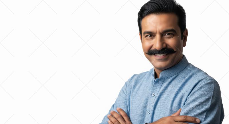A confident middle-aged Indian man with a mustache smiles warmly