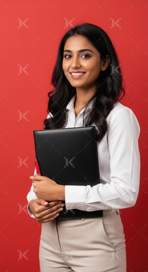 A confident young Indian woman in business attire smiles warmly