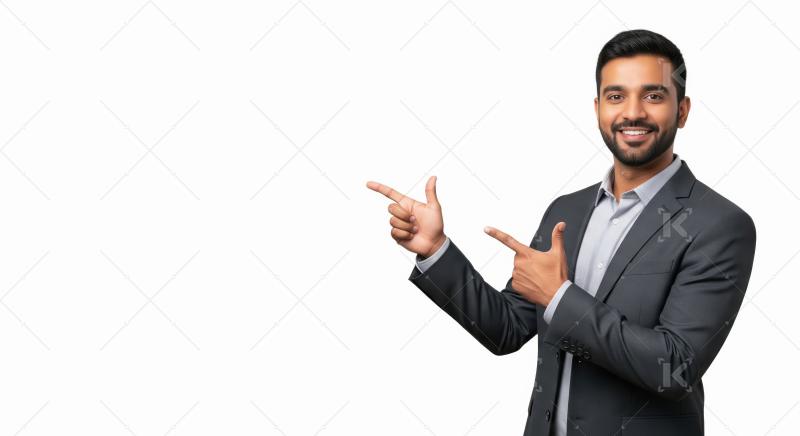 A smiling young Indian man in a business suit confidently points