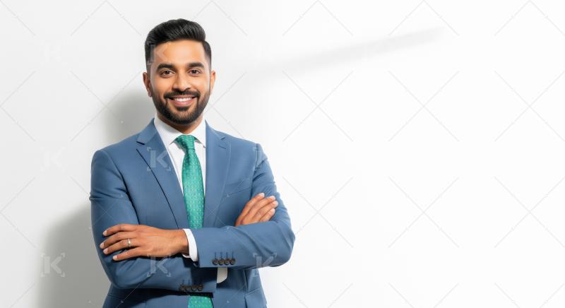 A confident young Indian businessman in a blue suit and green ti