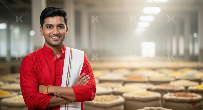 Indian man in a red traditional kurta smiles with arms crossed,