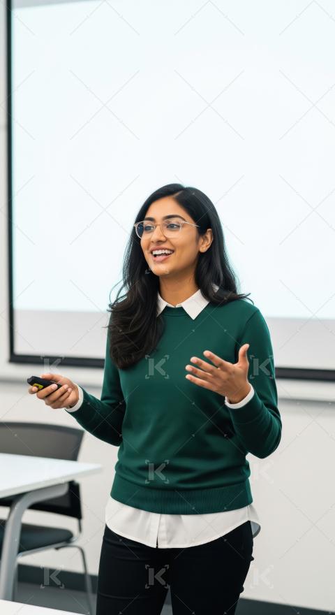 A confident young Indian woman in glasses and a green sweater gi