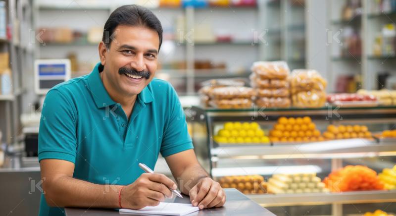 A cheerful Indian shopkeeper with a mustache smiles and writes i