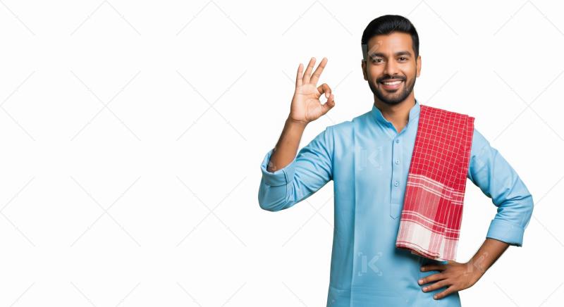 A smiling Indian man in a light blue kurta with a red checked to