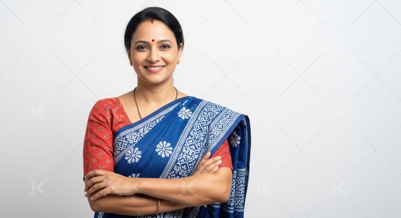 A confident Indian woman in a blue and white saree with folded a