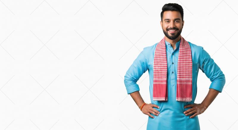 A young Indian man with a neat beard stands confidently in a blu