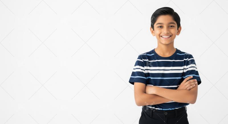A cheerful young Indian boy in a navy blue striped t-shirt stand