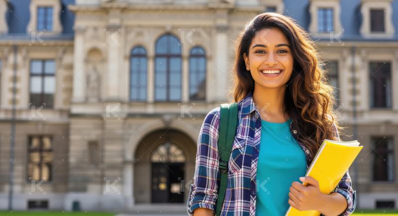Young indian college girl standing with backpack and books