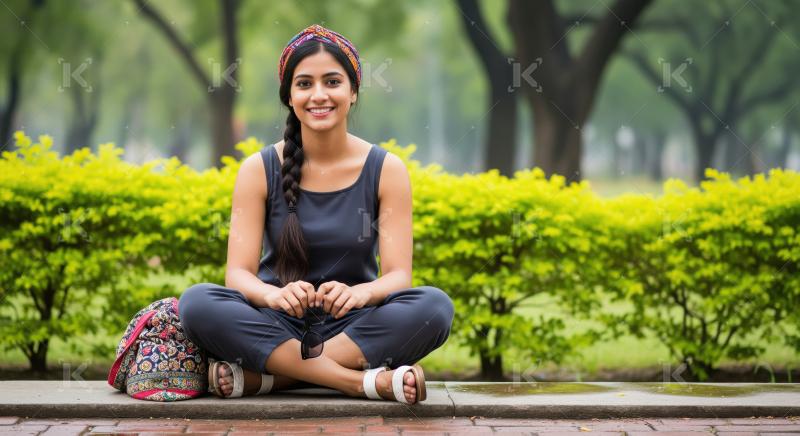 A young Indian woman with a colorful headband and long braid sit