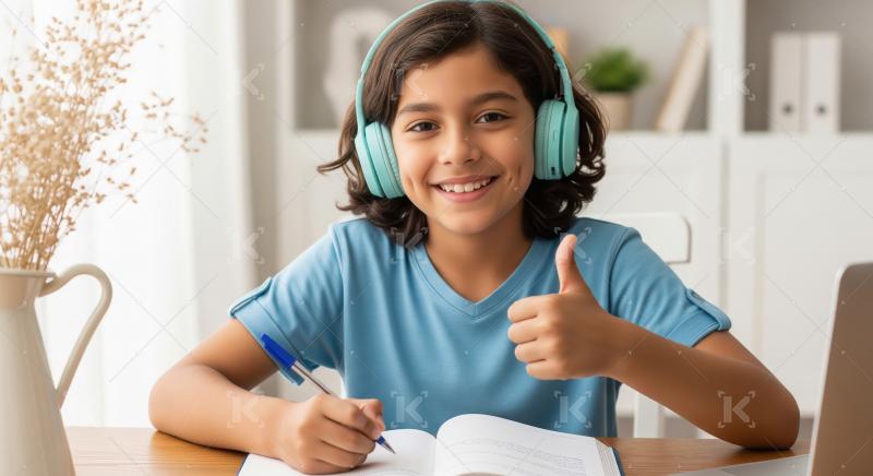 A cheerful young Indian boy wearing headphones gives a thumbs up