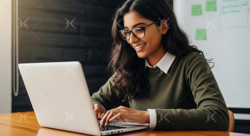 A young Indian woman works intently on her laptop in a modern of