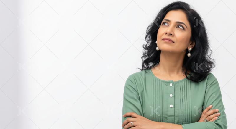 A thoughtful young Indian woman gazes upward in contemplation ag