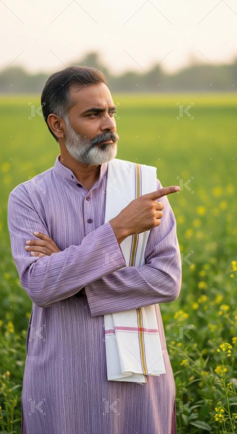 A thoughtful middle-aged Indian man in traditional attire stands