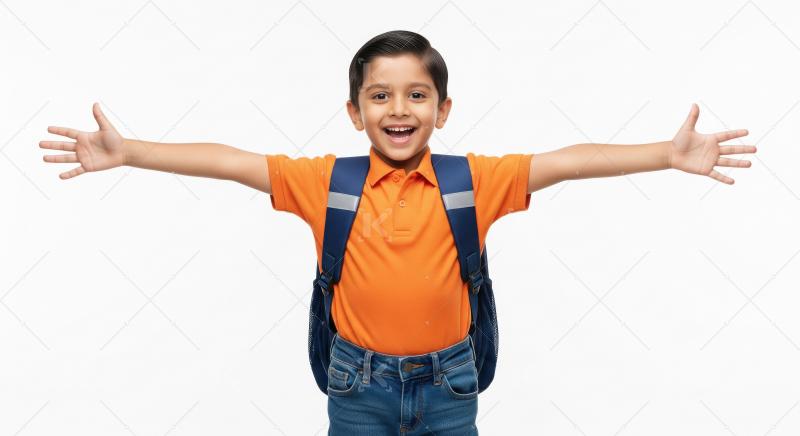 A happy young Indian boy in an orange shirt with a backpack stre