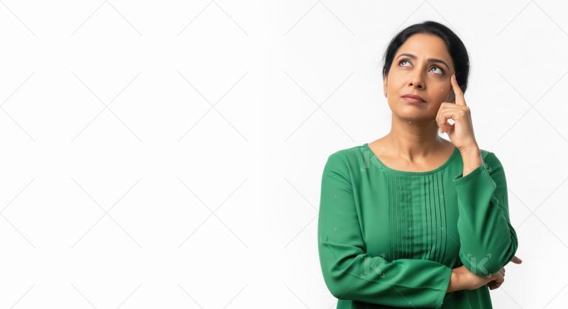 A middle-aged Indian woman in a green dress stands thoughtfully