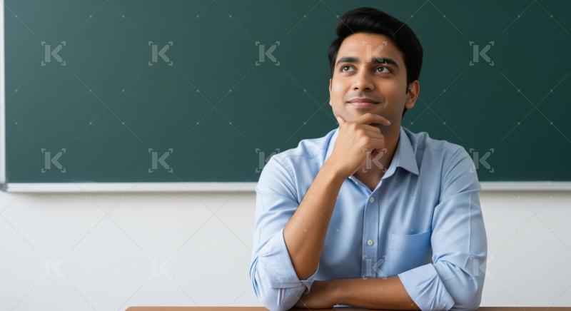 A young adult Indian man in a blue shirt sits thoughtfully at hi