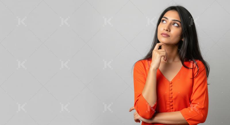 A thoughtful young Indian woman gazes upward in contemplation ag