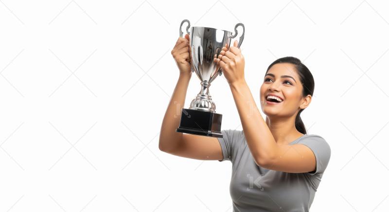 A joyful young Indian woman in a grey t-shirt proudly lifts a tr