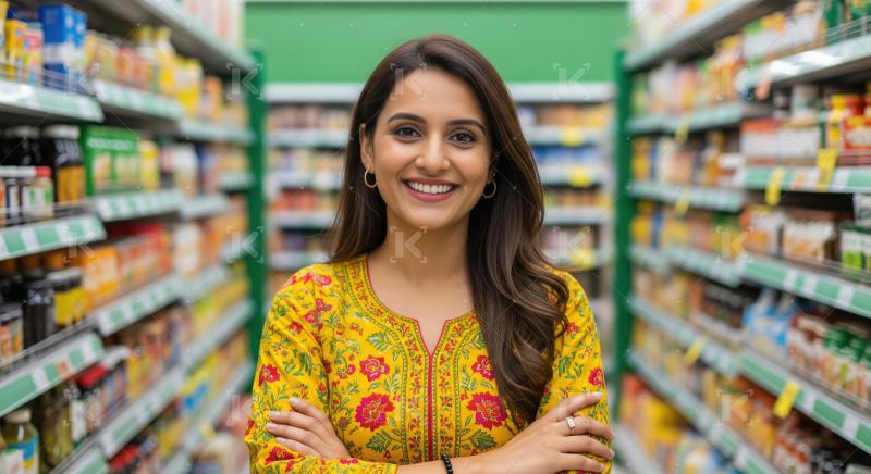 A young Indian woman in a vibrant yellow floral kurti stands con