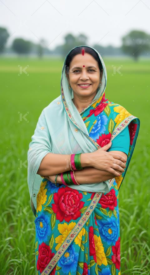 A confident Indian woman in a colorful saree stands with folded