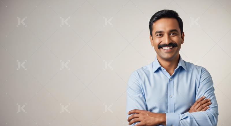 A confident Indian man in a light blue shirt smiles warmly with