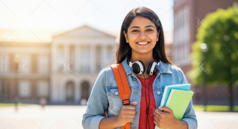 A cheerful young Indian girl with books and headphones stands ou