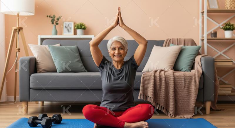 Happy indian senior woman doing yoga at home