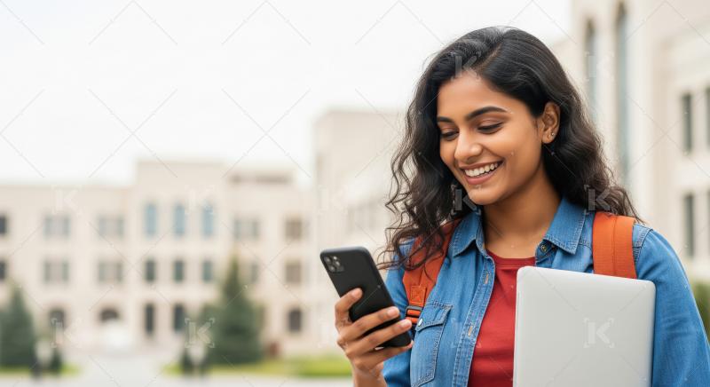A smiling young Indian college student stands outdoors on campus