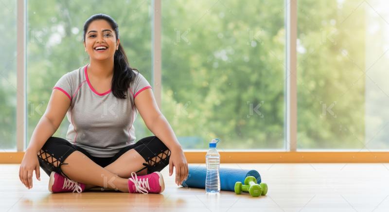 A cheerful young Indian woman sitting gym floor, surrounded by a