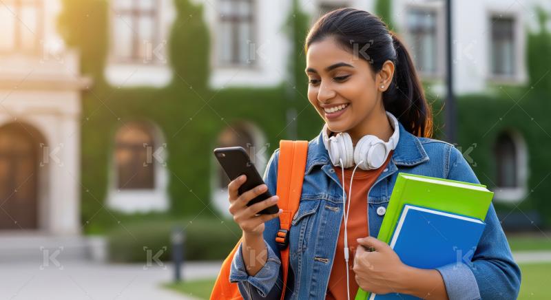 A smiling university student in a denim jacket and headphones ch
