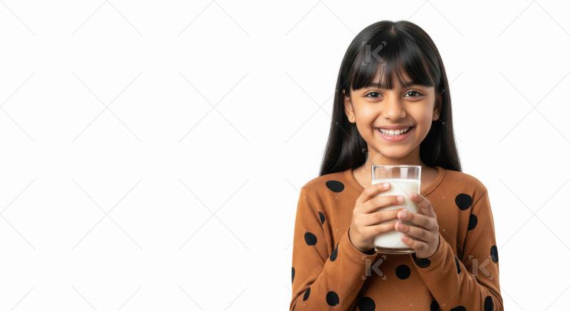 A happy young Indian girl in a polka-dot shirt holds a glass of