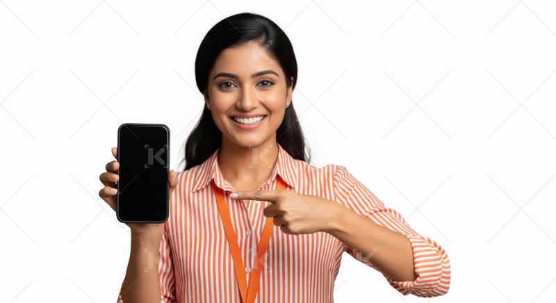 A confident young Indian professional woman in an orange striped