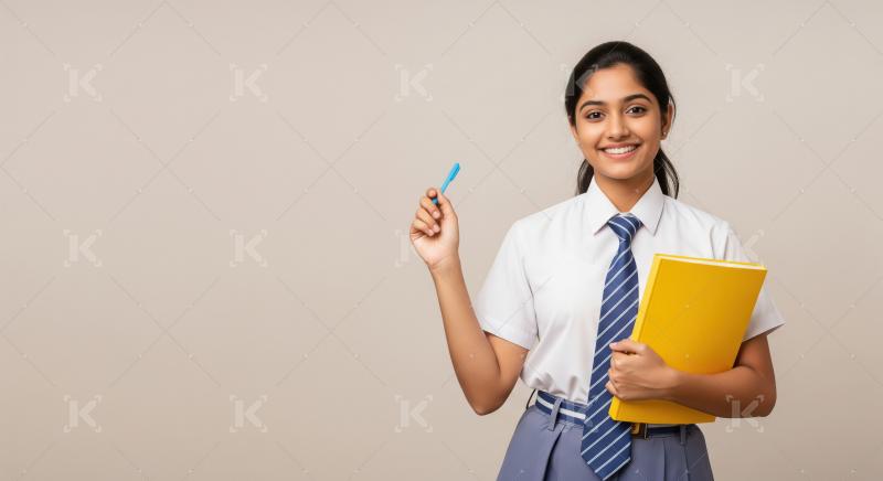 A confident Indian schoolgirl in uniform smiles brightly while h