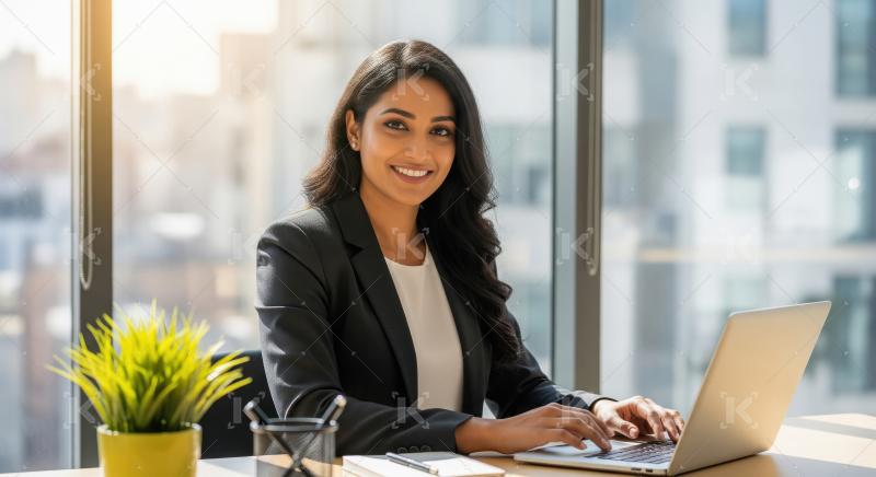 A confident young Indian businesswoman smiles at her desk while