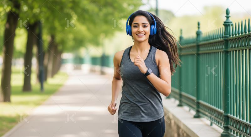A young Indian woman smiles as she jogs outdoors with headphones