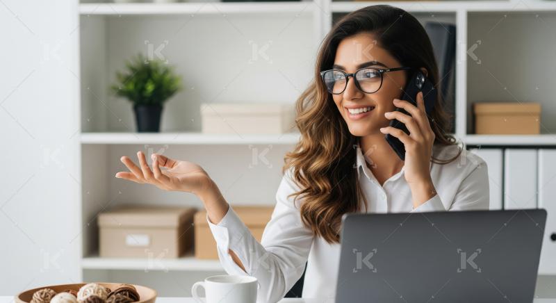 A smiling young Indian woman in glasses talks on the phone while