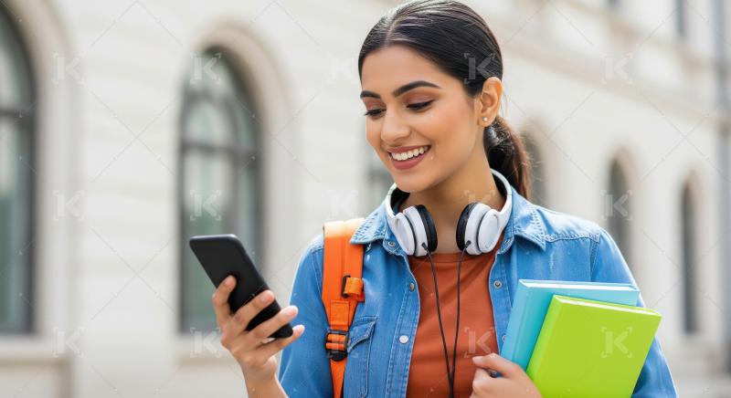 A smiling young Indian student stands outdoors on campus, holdin