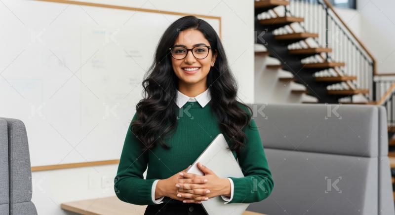 A confident young Indian woman in glasses, wearing a green sweat