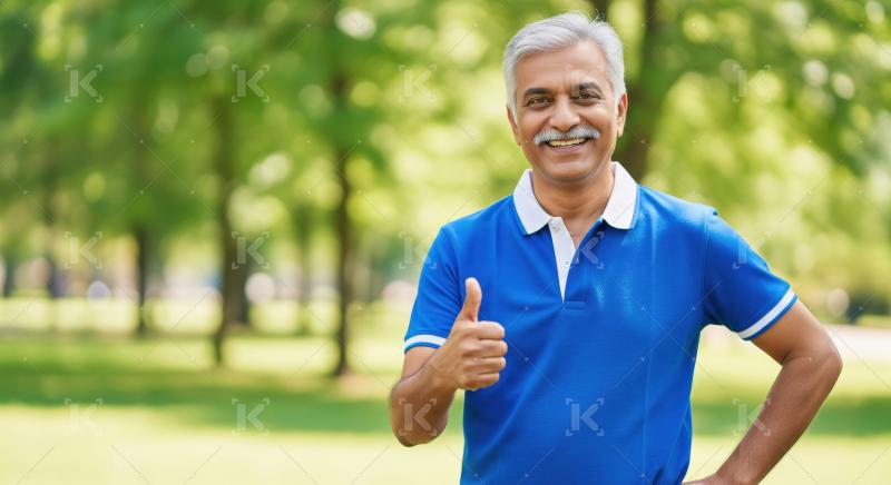 A smiling middle-aged Indian man in a blue polo shirt gives a th