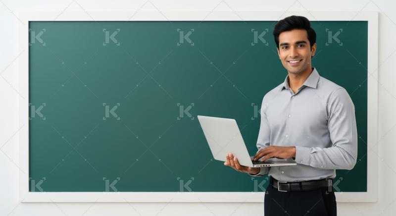 A smart young Indian man stands confidently in front of a chalkb