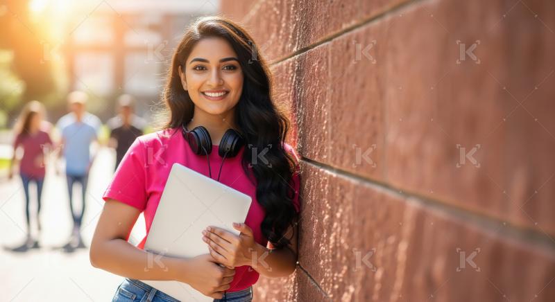 A cheerful young Indian girl with books and headphones stands ou