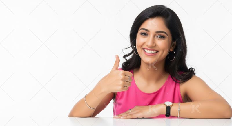 A cheerful young Indian woman in a pink top gives a thumbs-up, s