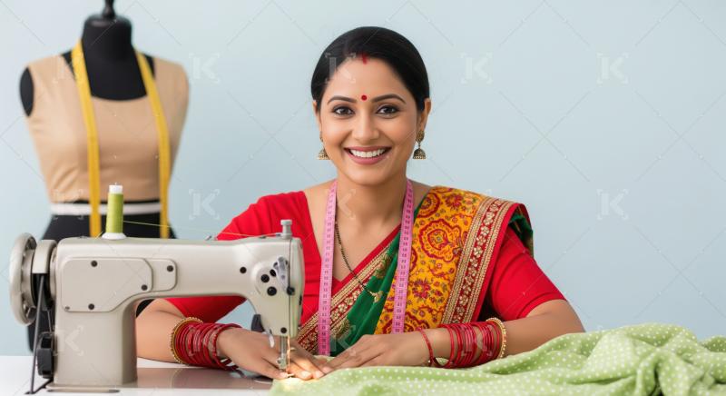 A smiling Indian woman in a colorful saree sits at a sewing mach
