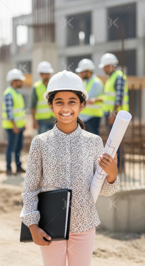 A confident little Indian girl in a hard hat stands at a constru