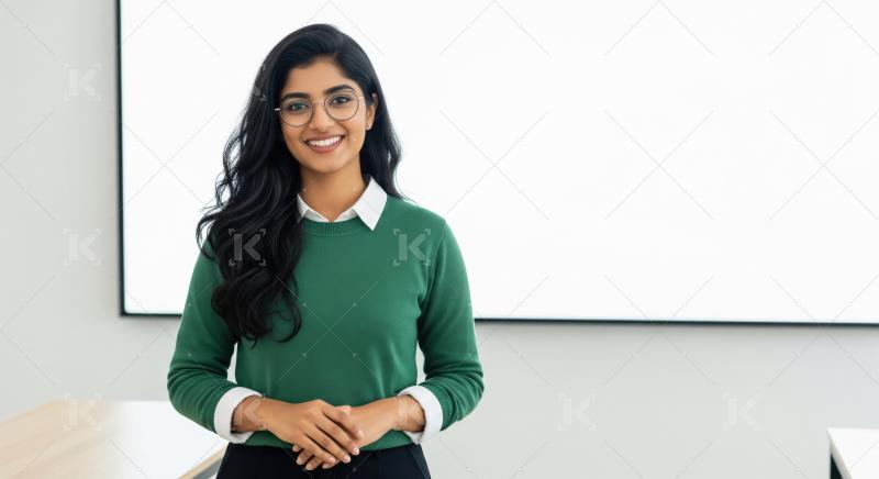 A confident young Indian woman with glasses and long hair stands