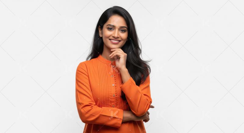 Young Indian woman poses confidently, her hand gently resting on