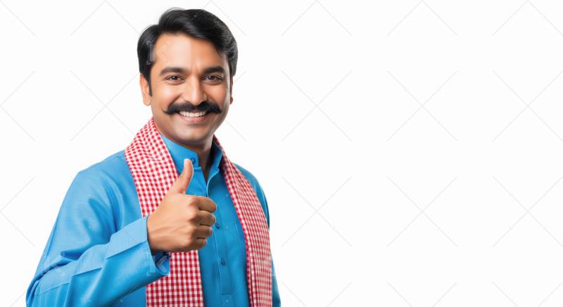 A smiling Indian man in traditional attire gives a thumbs-up, ex