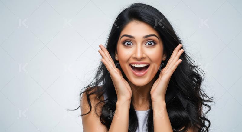 A young Indian woman with long dark hair displays a wide, surpri