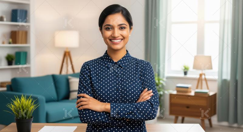 A confident young Indian woman in a polka dot shirt stands with