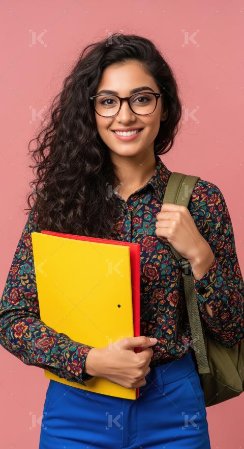 A young Indian woman with glasses, curly hair, and a vibrant shi